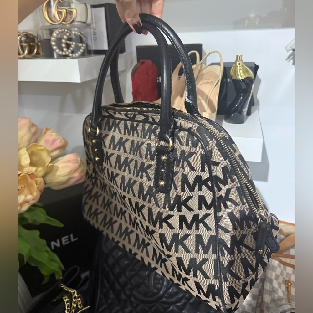 Michael Kors Monogram Black and Tan Satchel